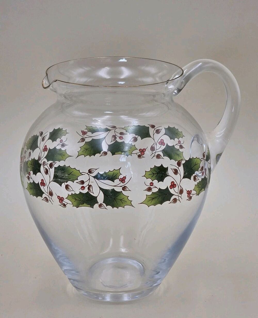 Royal Limited Holly Holiday Clear Glass Pitcher 8.5" Gold Rim Ice Lip 64oz